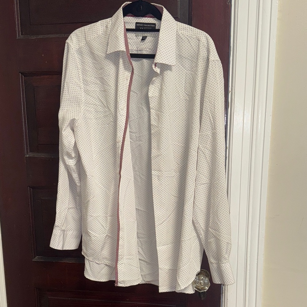 White Button-Up Shirt with Red Accents